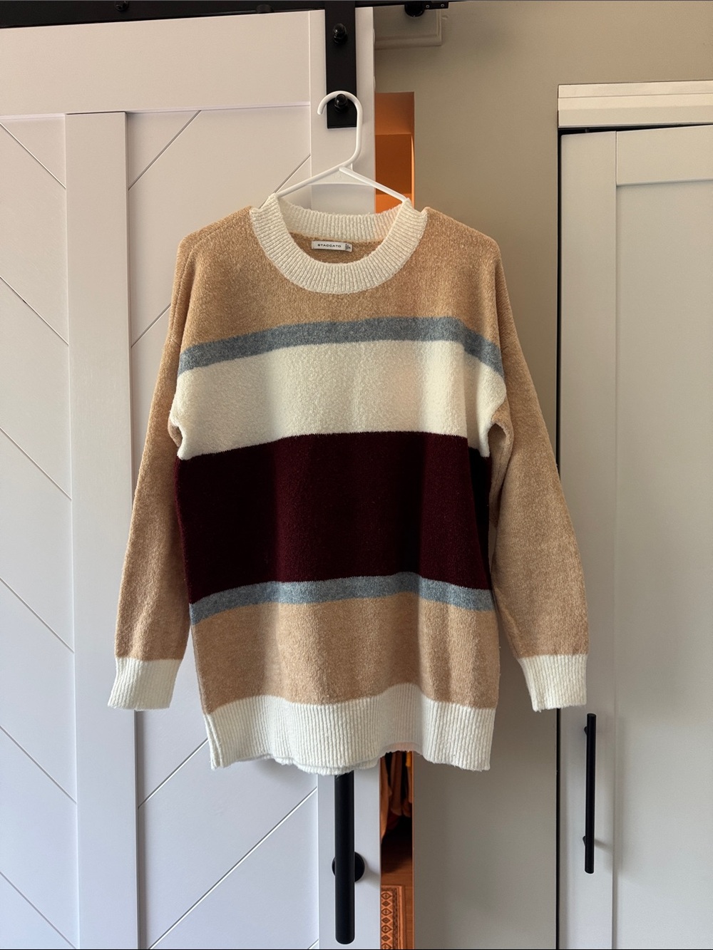 Staccato Striped Crewneck Sweater in Beige, Cream & Burgundy